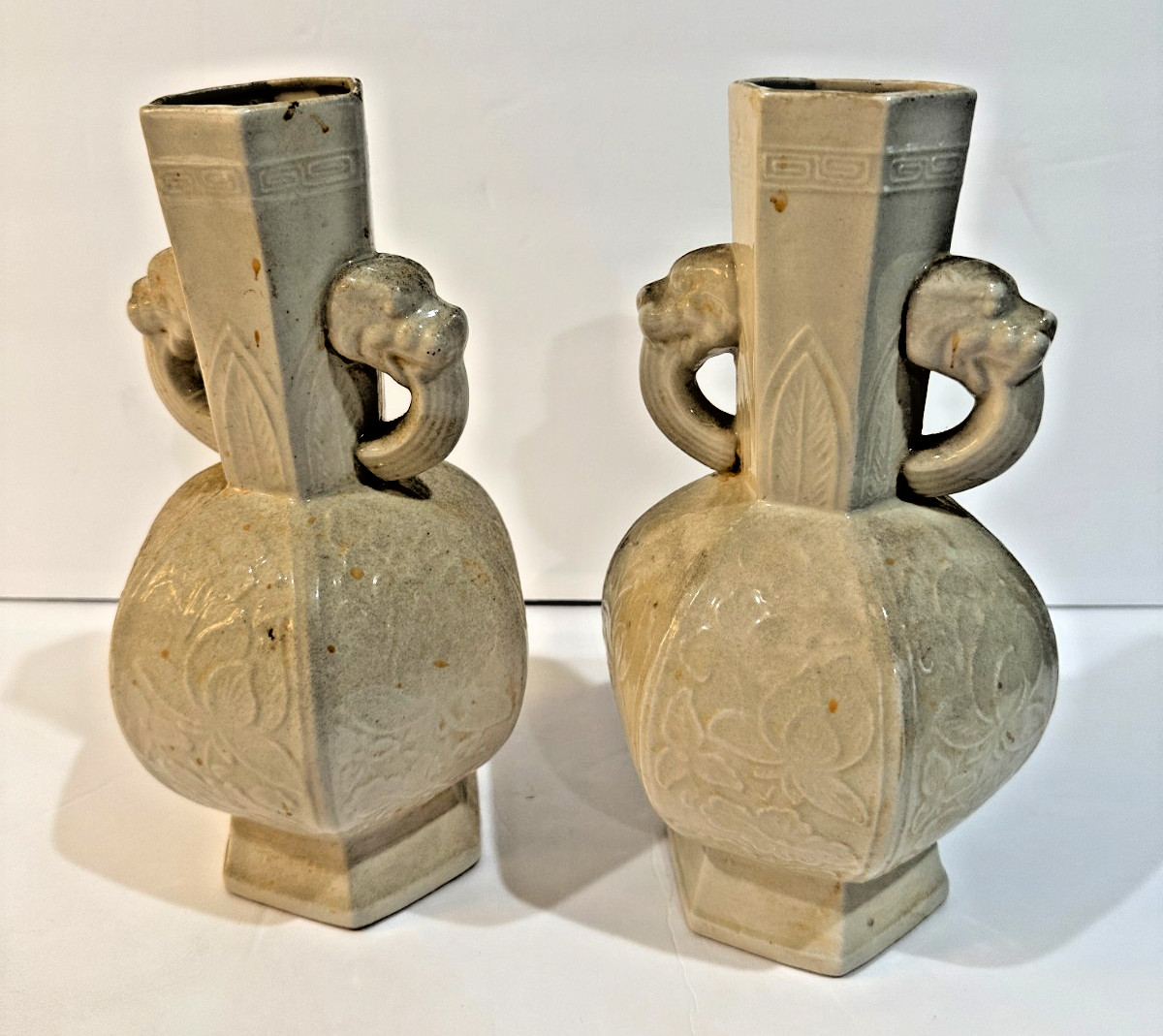 Pair Chinese Style Blanc De Chine Porcelain Lion Handle Hexagonal Vases 9.75&Prime;
