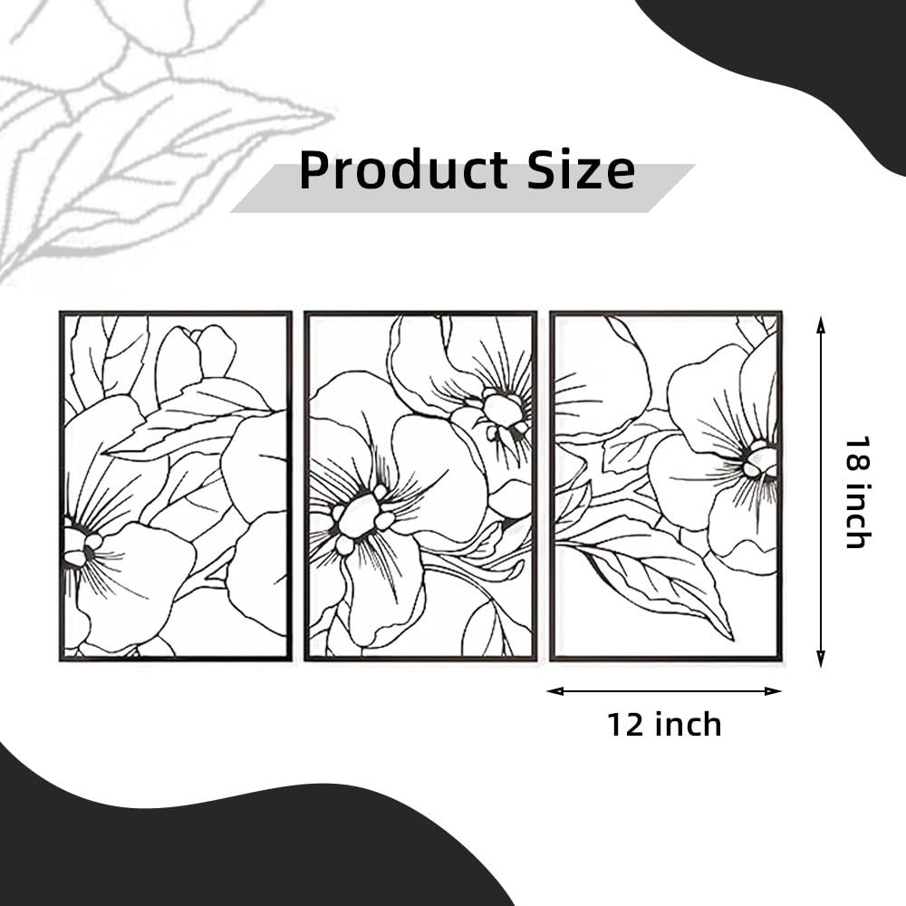 3 PCS Black Metal Flowers Wall Decor Minimalist Line Art Floral 12×18 Inch