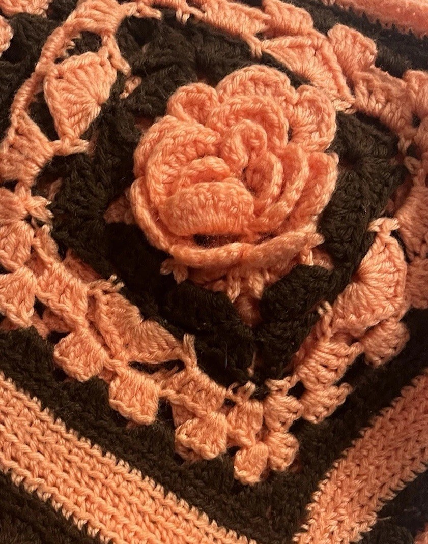 Vintage Crochet Brown/Peach 3D Rose Afghan Granny Rectangle Lap Blanket 62 X 32