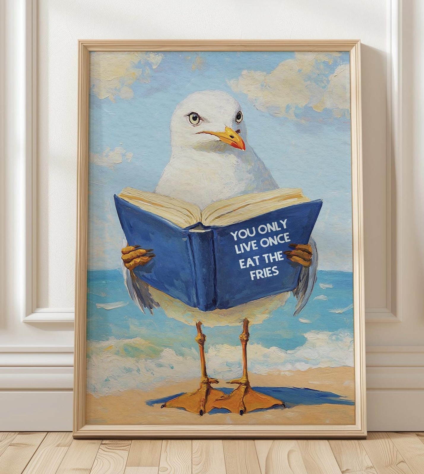Seagull Reading Book Art Print Funny Coastal Bird Wall Decor Poster