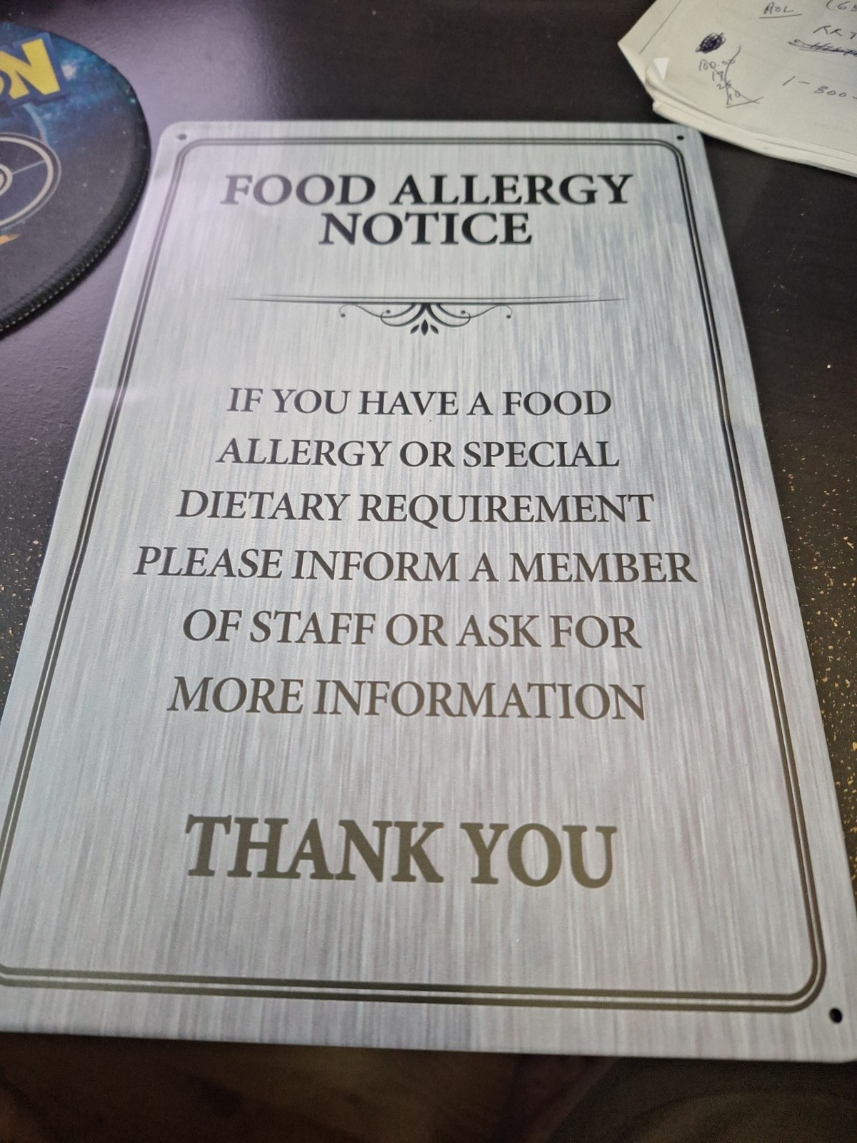 Food Allergy Notice Metal Tin Sign 8&Prime; x 12&Prime; Kitchen Restaurant Allergy Warning