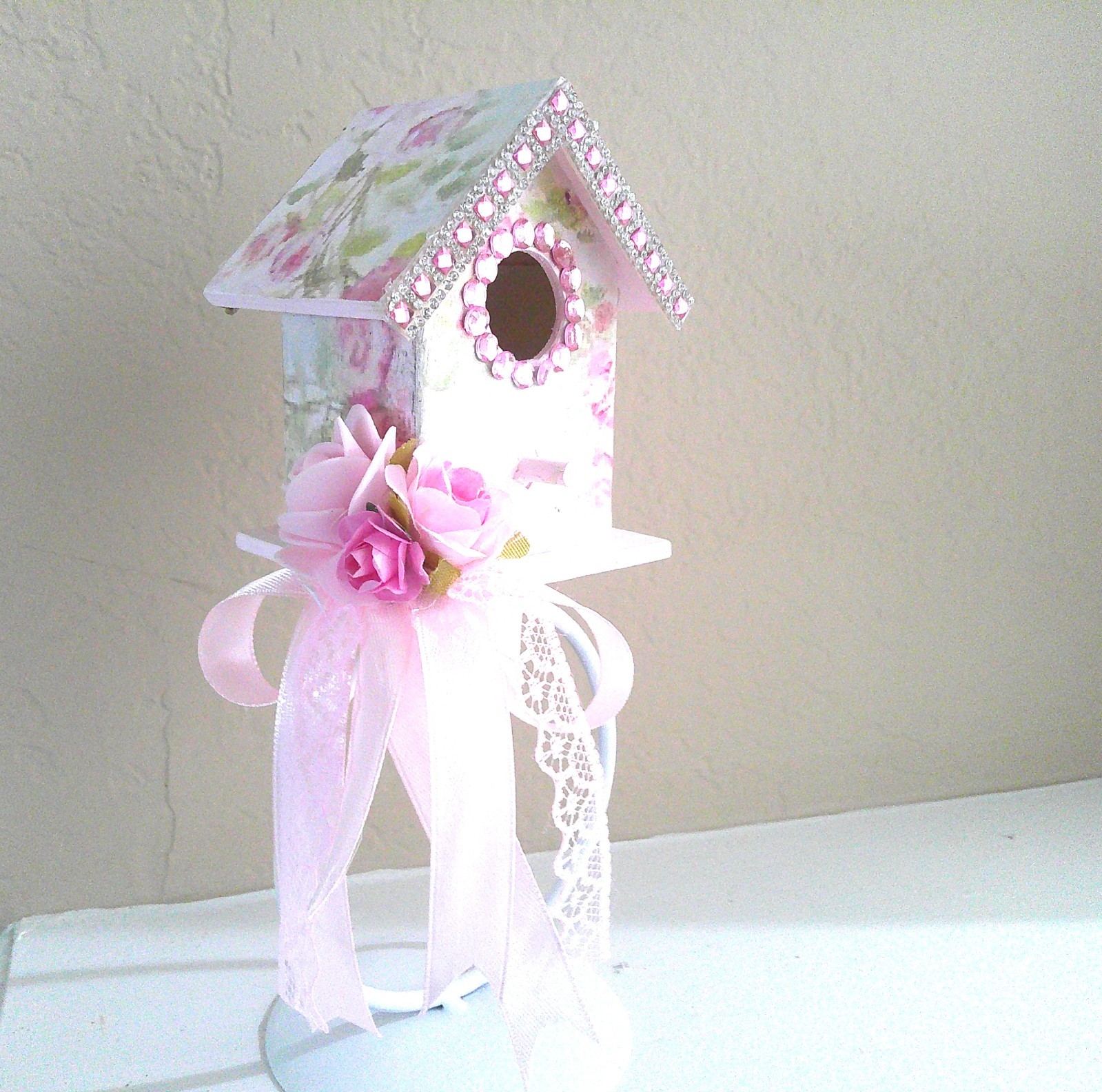 Shabby Chic Decorative Birdhouse Decor w/Pink Floral Design/Pink/Rhinestone Trim