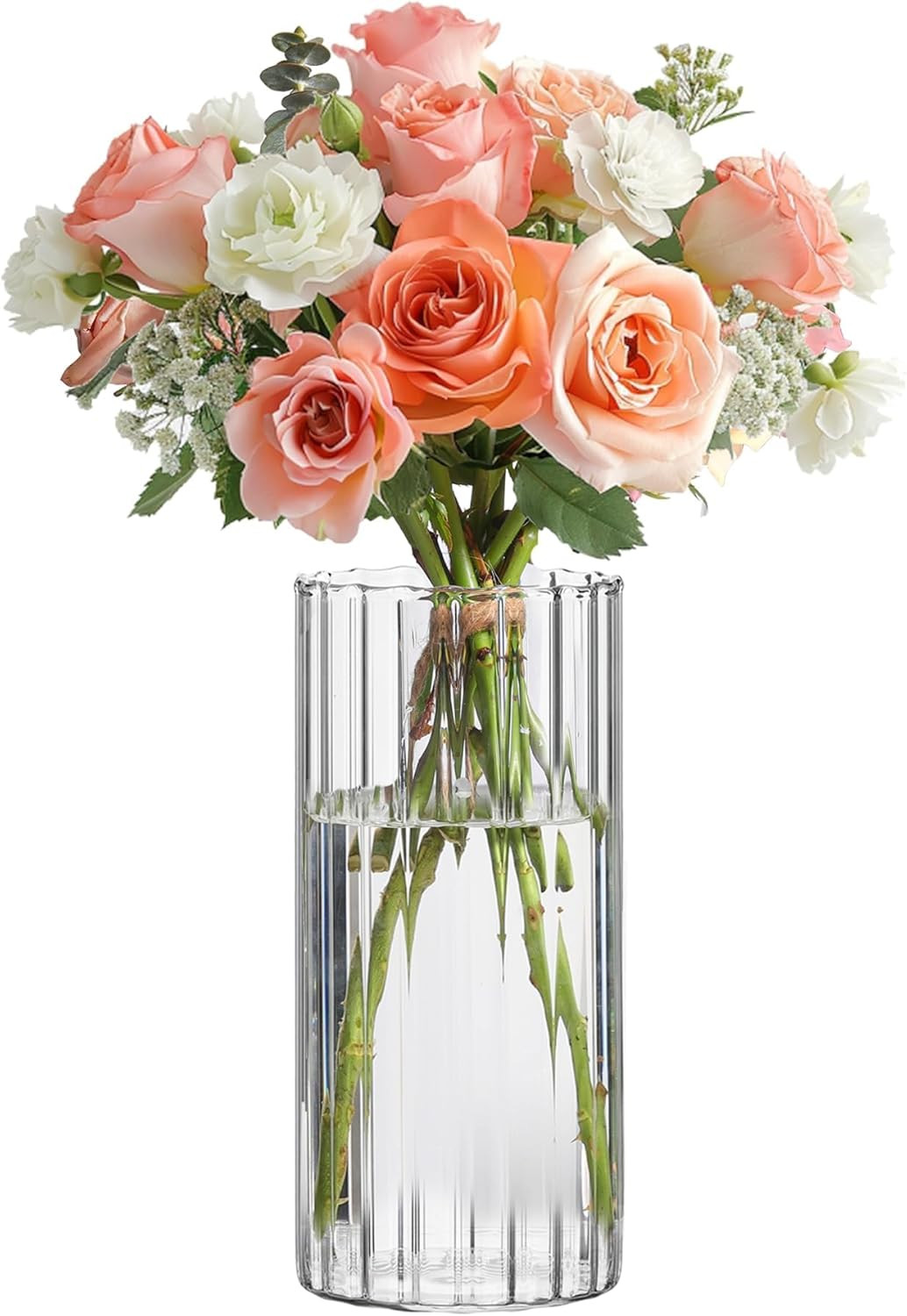 Glass Cylinder Vases, Bud Vase for Centerpieces, 8 Inch Tall Ribbed Vase Hurrica