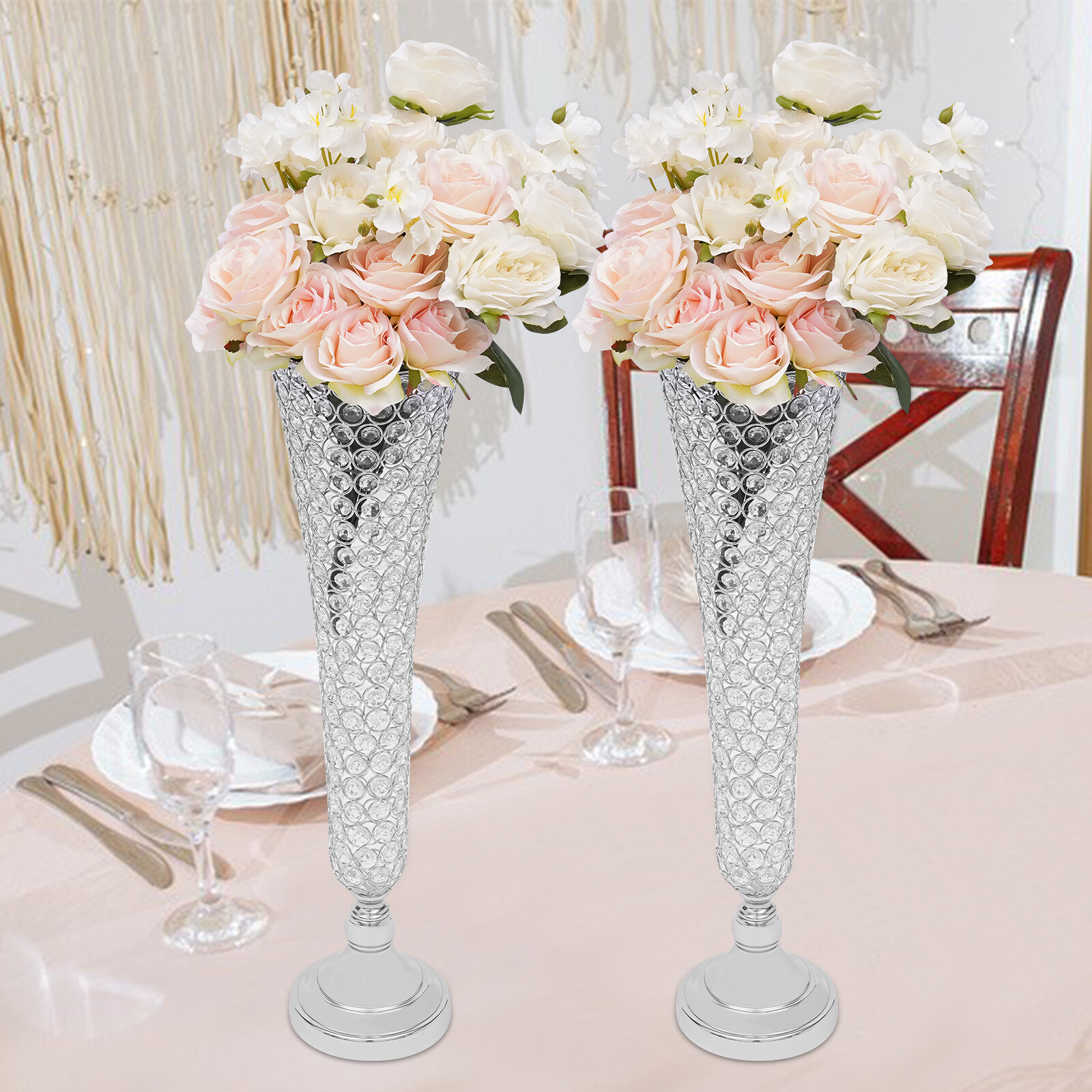 2 pcs Silver Wedding Table Crystal Flower Stand For Anniversary Ceremony Party