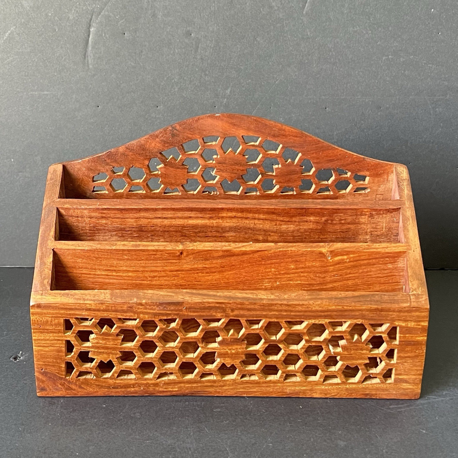 Vintage Hand Carved Wooden Desk Organizer Letter Holder Floral Carving India