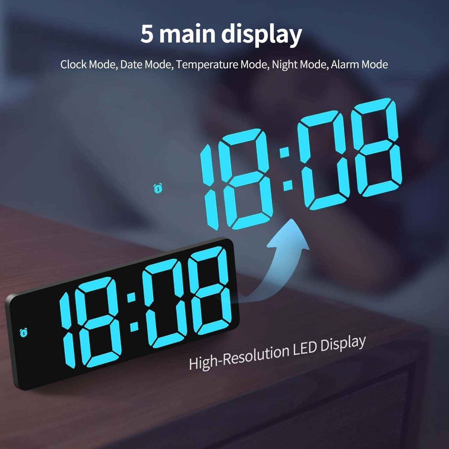 Small Digital Clock, 6.5 Inch LED Display with Light Blue Digits, 3 Levels Brigh