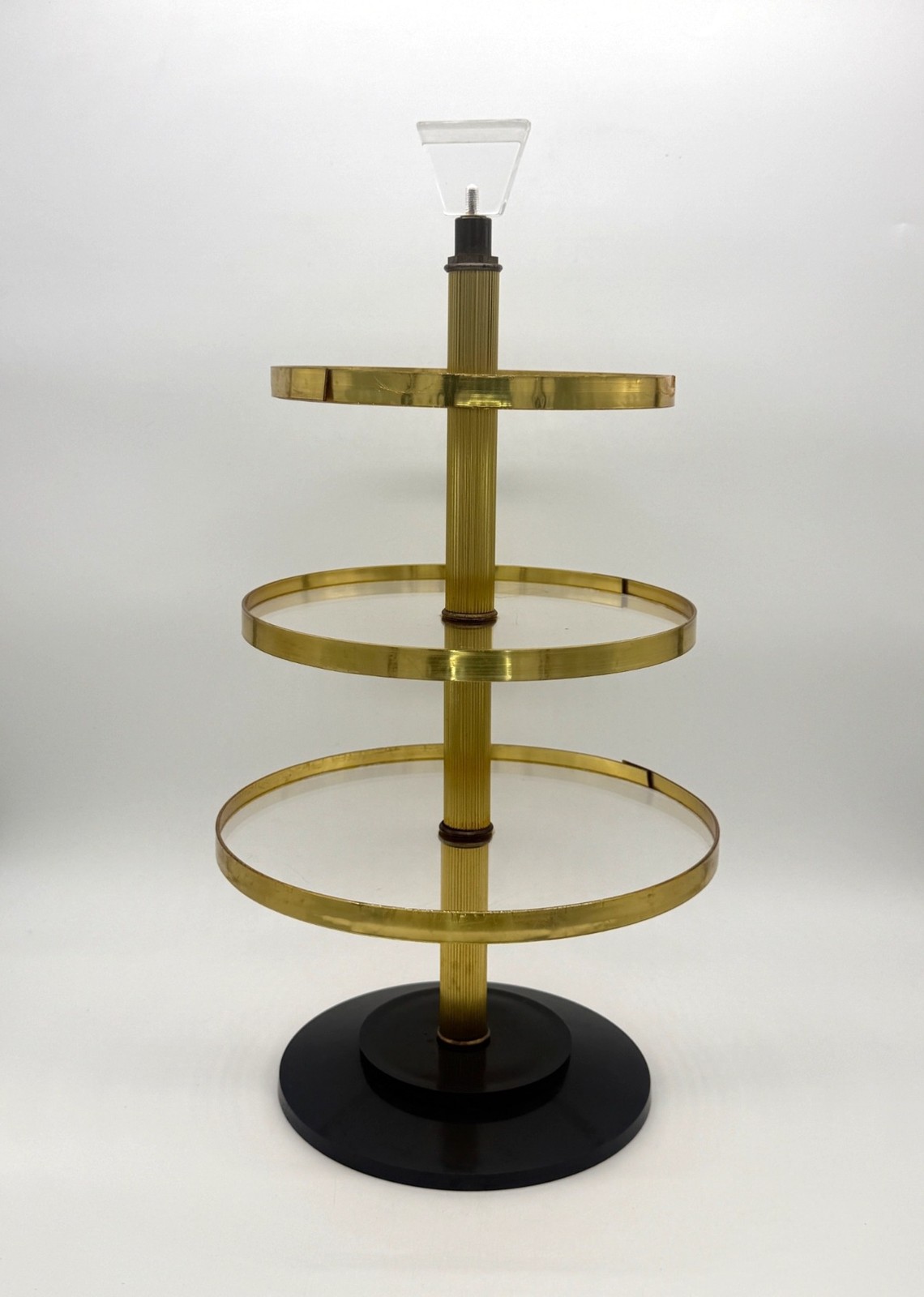 Retro 1970s Art Deco 3 Tier Acrylic Display Stand With Gold Trim & Black Base