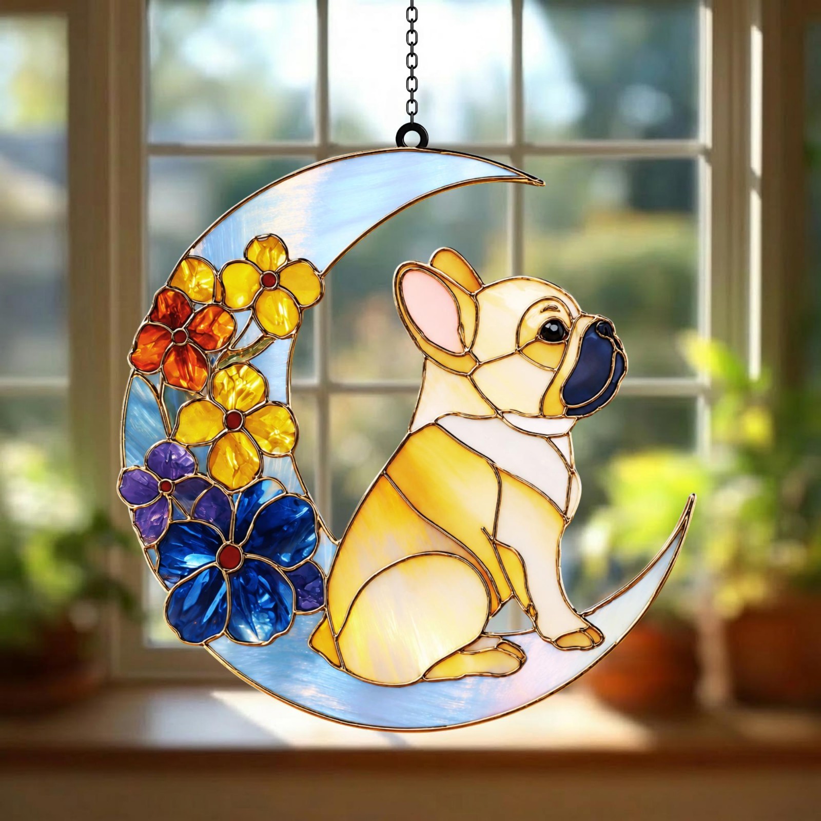 French Bulldog Moon Acrylic Suncatcher, Frenchie Window Hanging