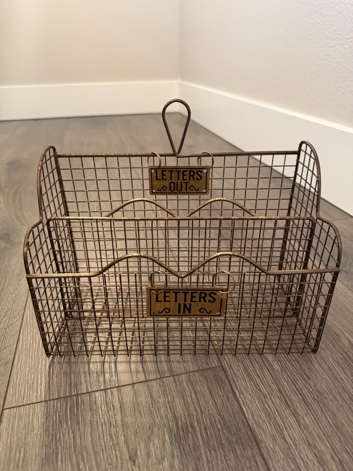 Vintage Gold Tone Metal Wire Letters In/Out Mail Organizer/Holder