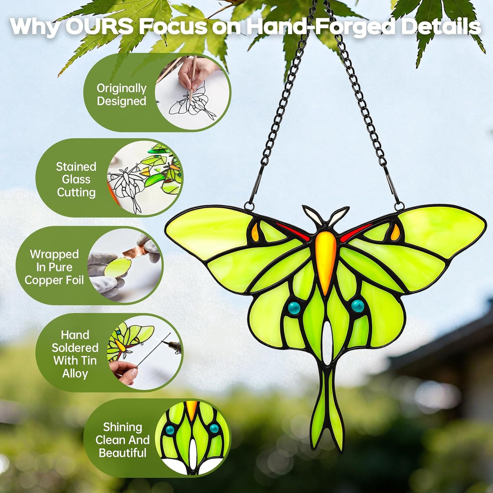 Stained Glass Window Hanging Luna Moth Suncatcher Handmade Glass Butterfly Decor