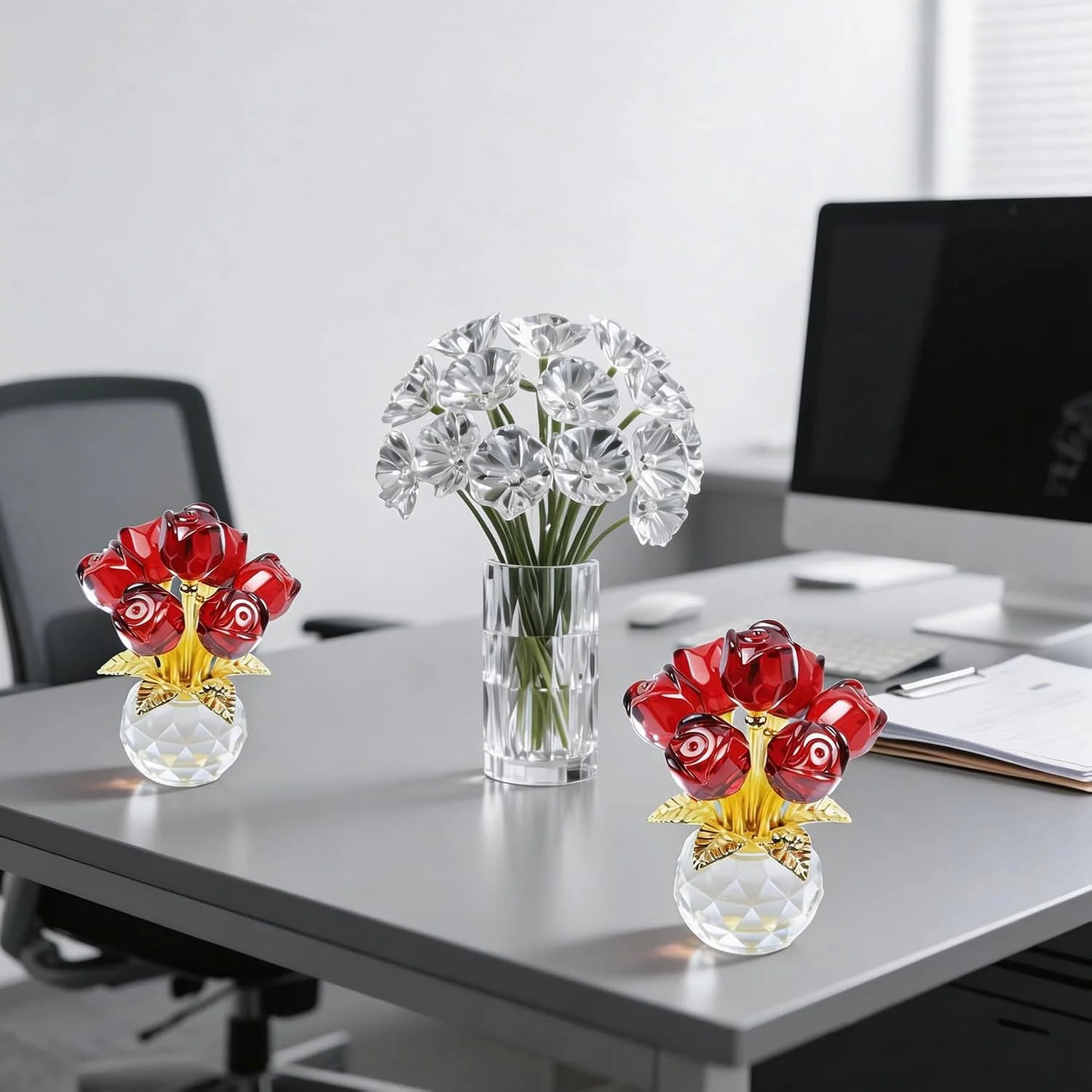 Crystal Rose Flower Figurine with Round Vase, Crystal Flowers, Glass Flowers wit