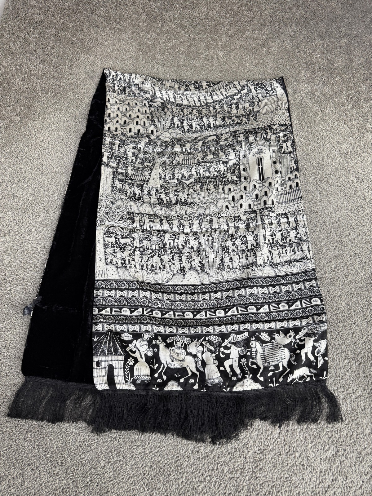 Black White Silk Wall Hanging Tapestry Ethnic Folk Art Village Scene Decor
