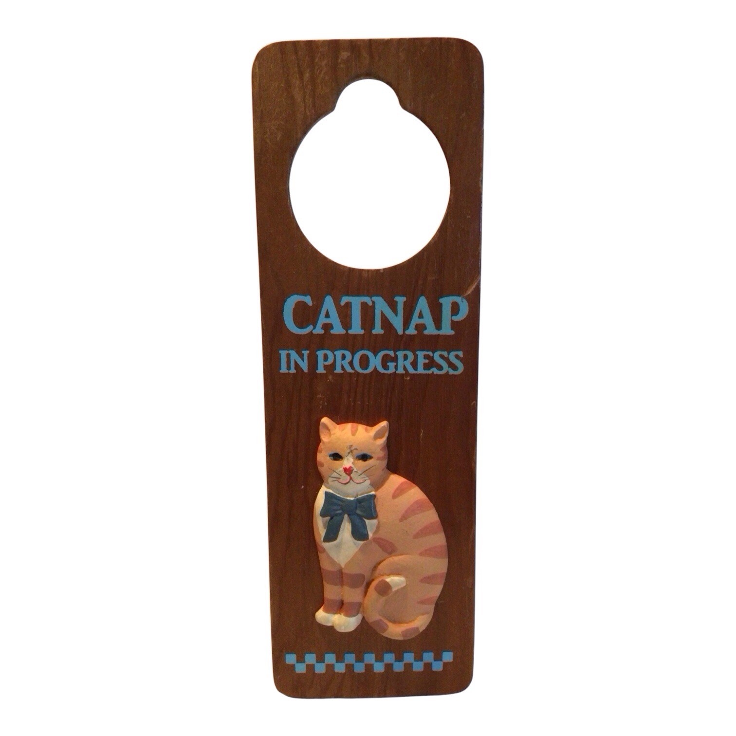 1987 CatNap In Progress Door Knob Hanger Golden Tiger Kitty Cat VTG Wood