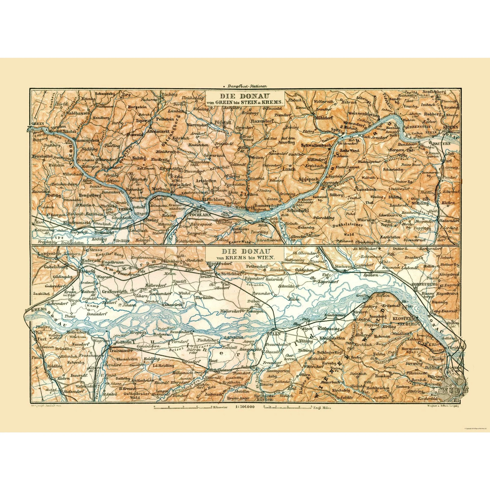 Historic Nautical Map – Danube River Grein Vienna Austria – Baedeker 1896 –