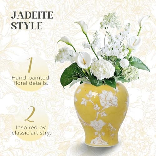 Yellow Ceramic Ginger Jar with Magnolia & Bird Relief, Hand-Carved Floral Vase,
