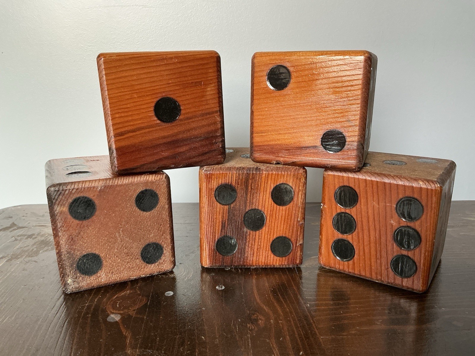 WOODEN DICE 3.25&Prime; Set Of 5 – HOME DECOR, Handmade, Dark Wood Black Dots