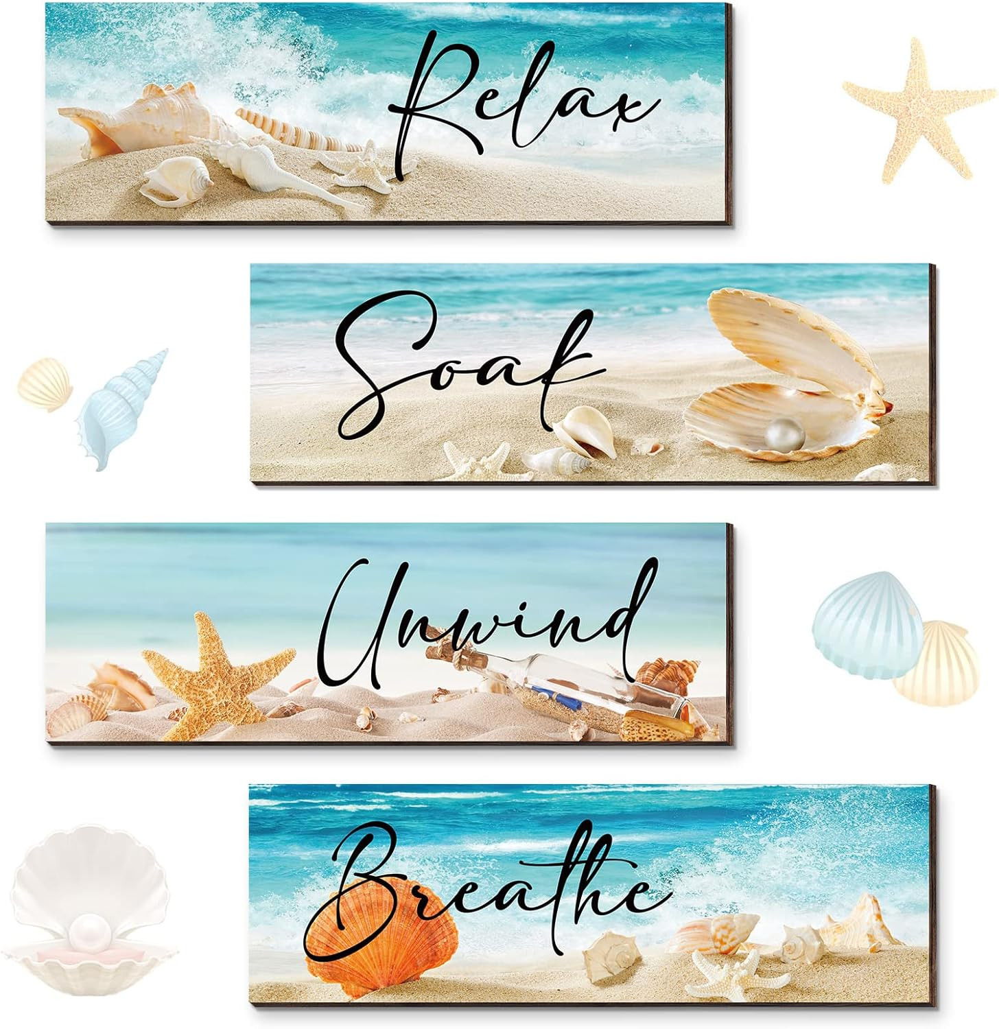 4 Pieces Ocean Beach Bathroom Wall Decors Wood Relax Soak Unwind Breathe Art Sig