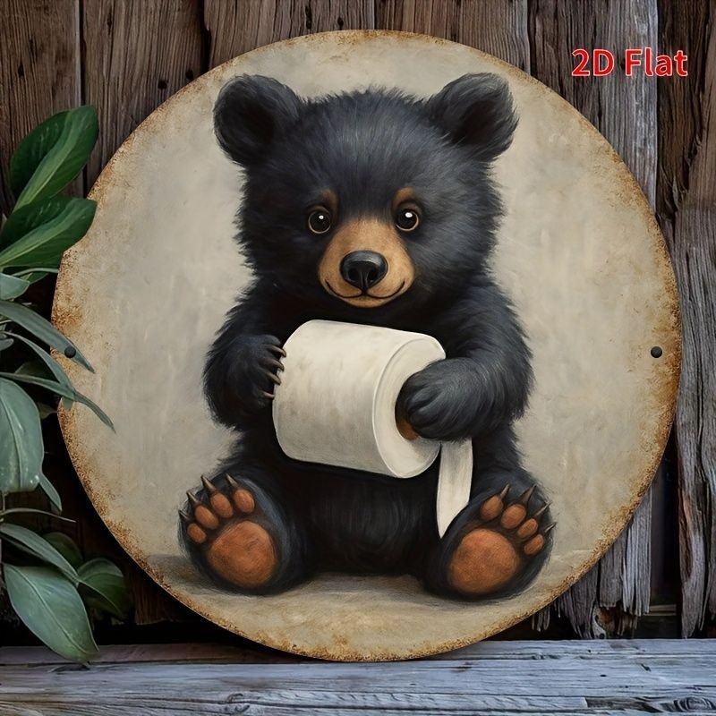 Cute Black Bear Toilet Paper Metal Sign Round Vintage Bathroom Wall Decoration