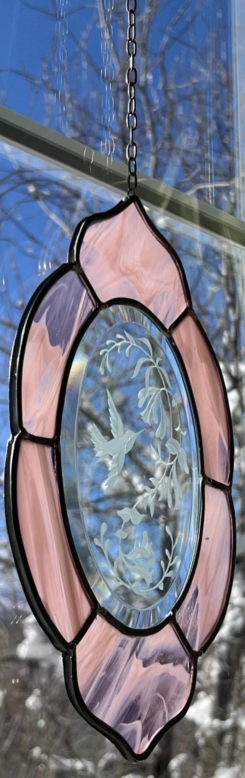 Purple Stained Glass Suncatcher Window Hanging Etched Hummingbird 10.5 X 6.25 in