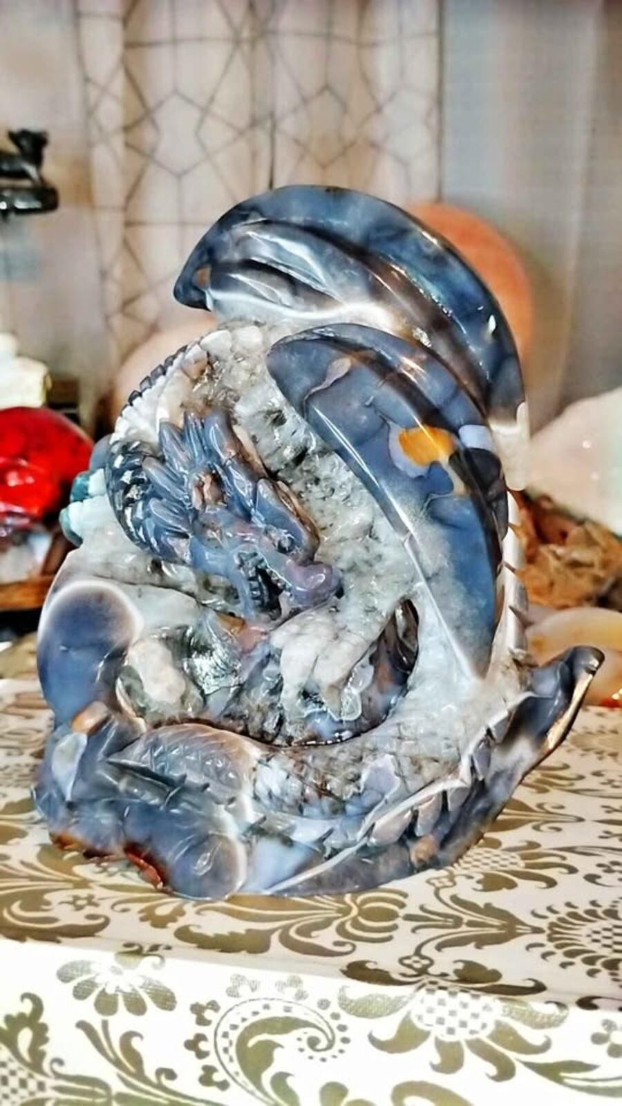 Blue Flower Agate Dragon Carving