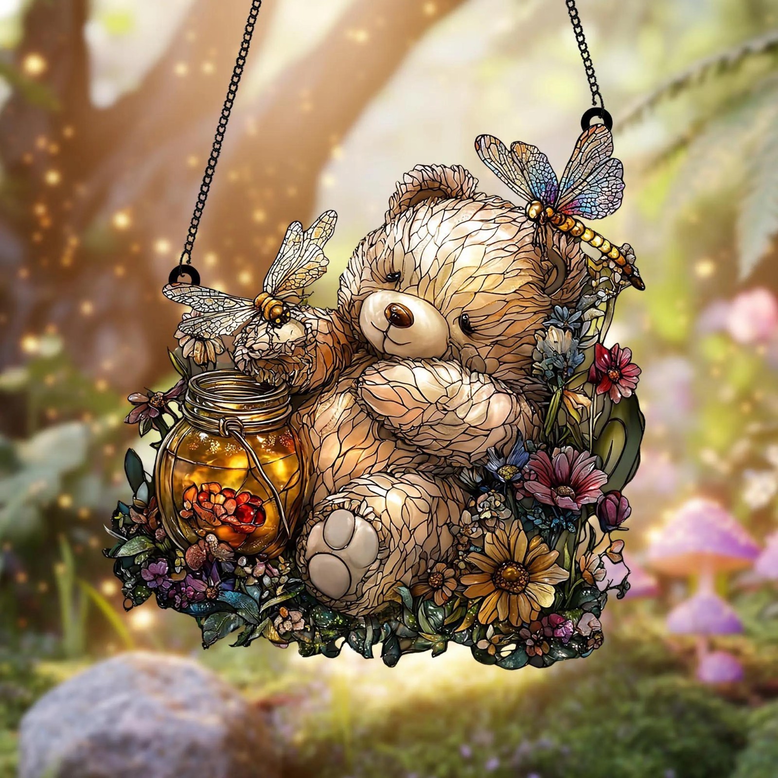 Teddy Bear & Fireflies Acrylic Suncatcher – Charming Forest Scene