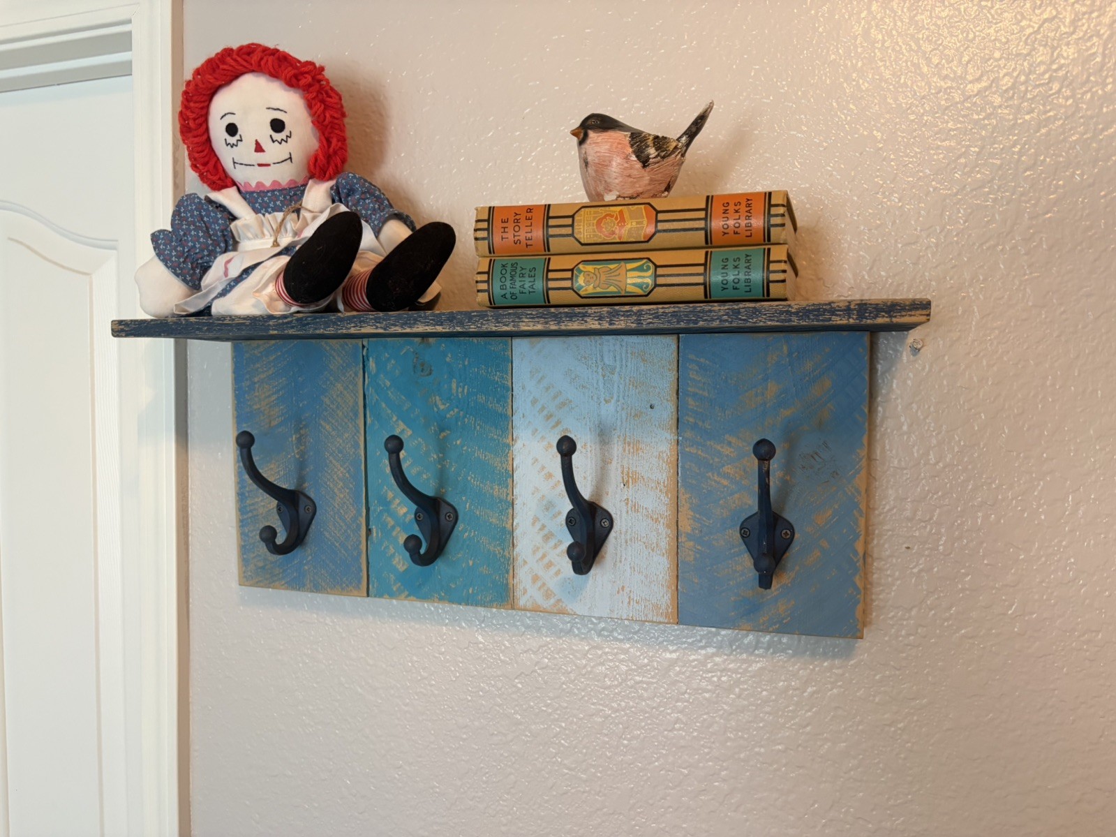 Rustic Blue 24” Boho Shelf With 4 Cast Iron Coat Hooks Repurposed Rough Sawn