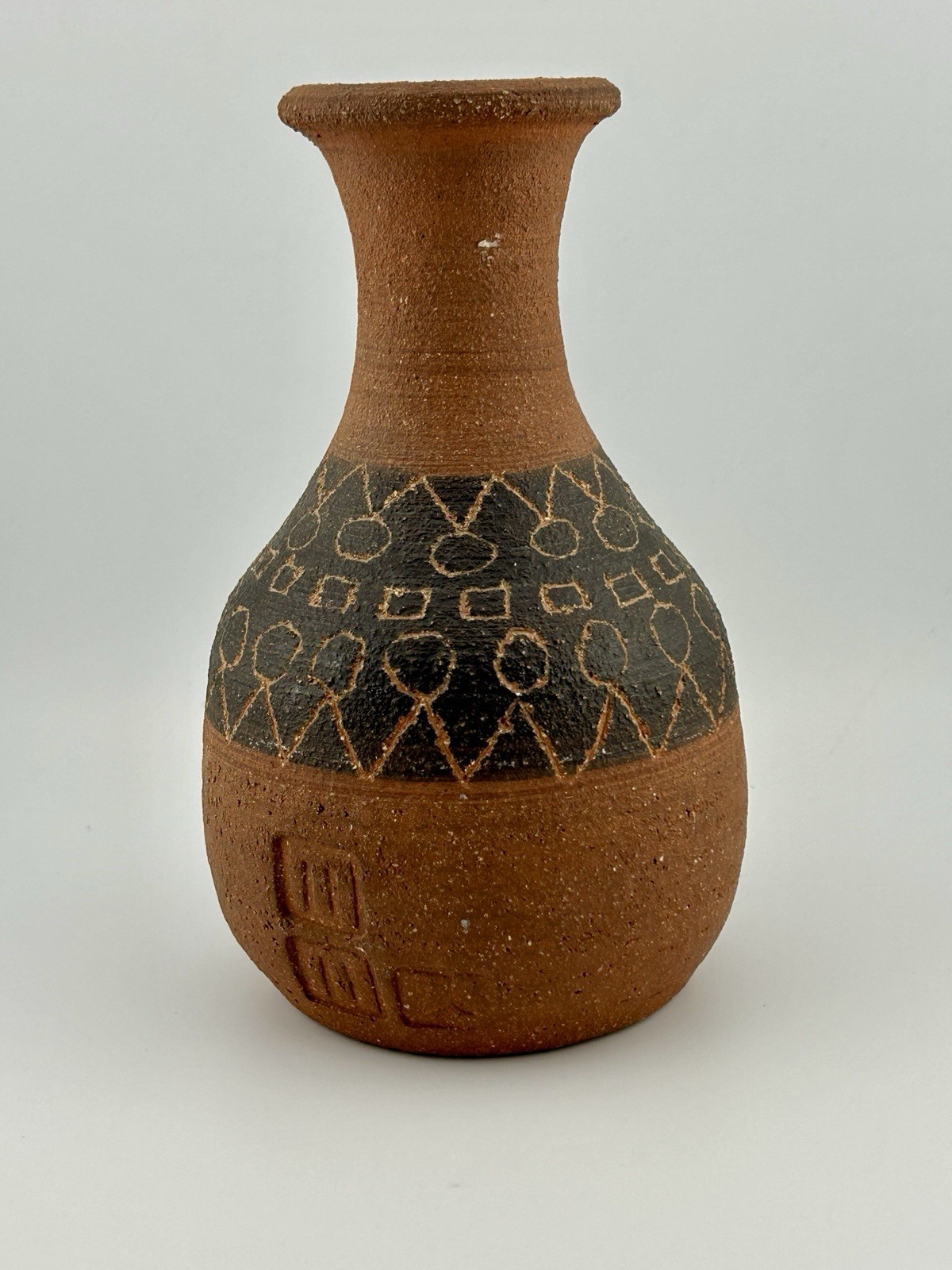 Vintage 1973 Studio Pottery Vase MM Signed Black Slip Etched Pedestal Form