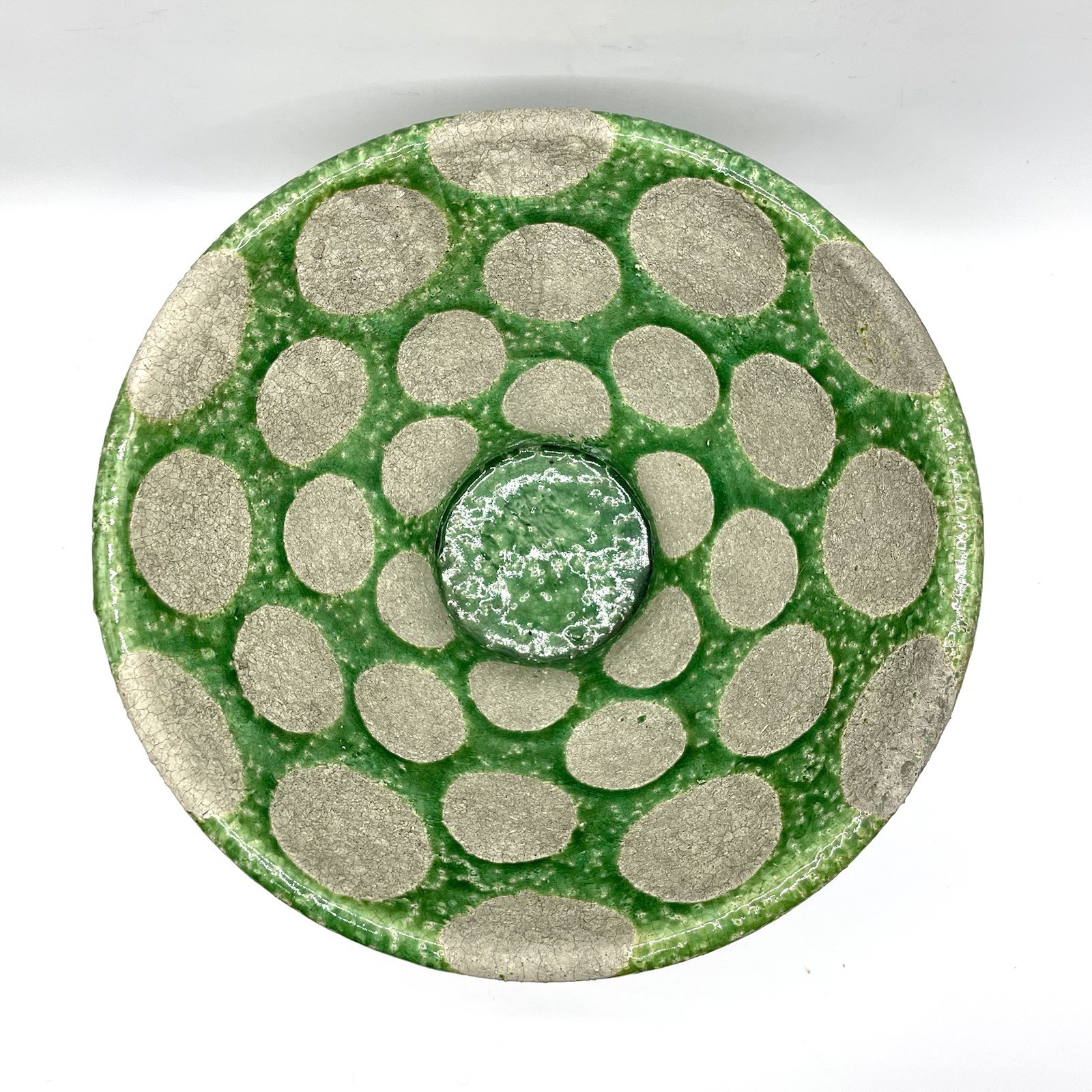 Green & Cement Gray Terra-Cotta Footed Decorative Bowl with Wax Relief Dots
