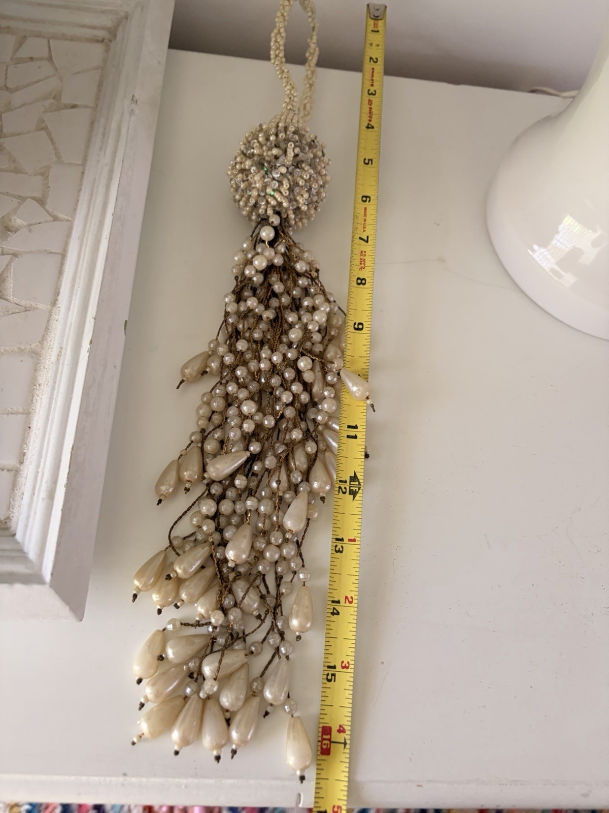 White Beaded Tassel Hanging Decoration Pearl Gold Bead Boho