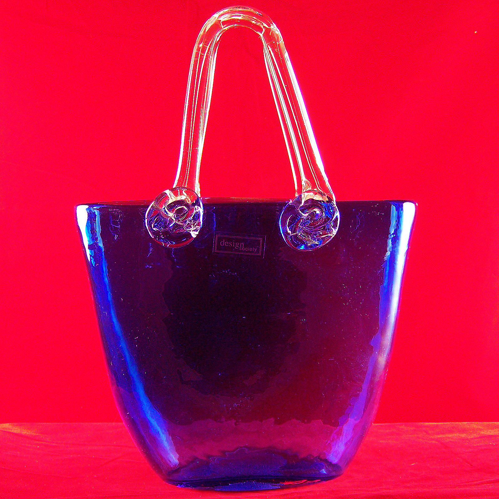 Art Glass Purse Handbag Tote Bag Vase Design Society 10&Prime; Tall Blue Clear Handles