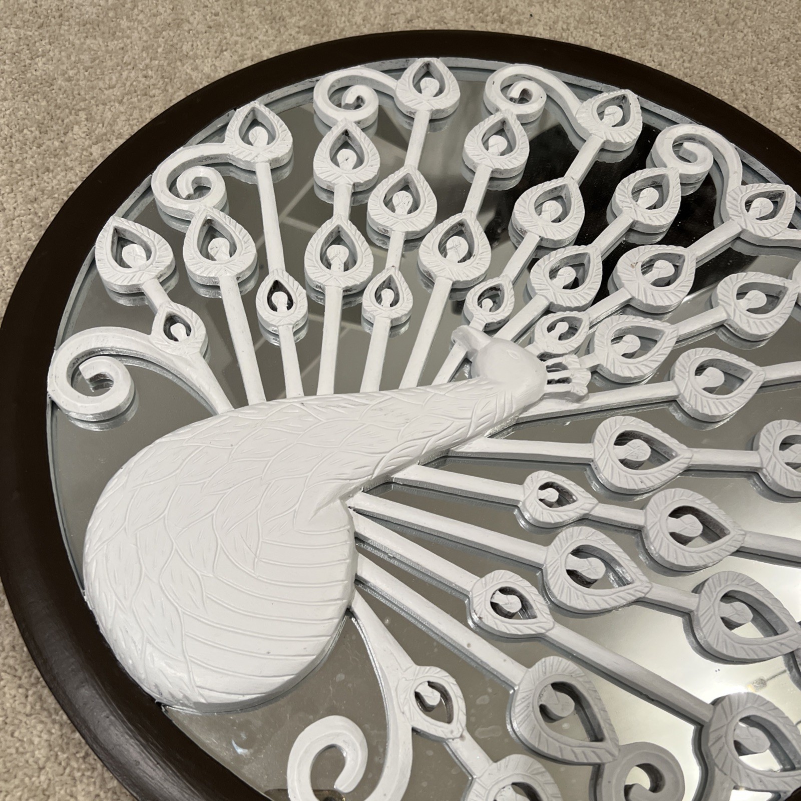 Large Round Peacock Wall Mirror Art Decor 23.5” White & Silver w/ Wooden Frame