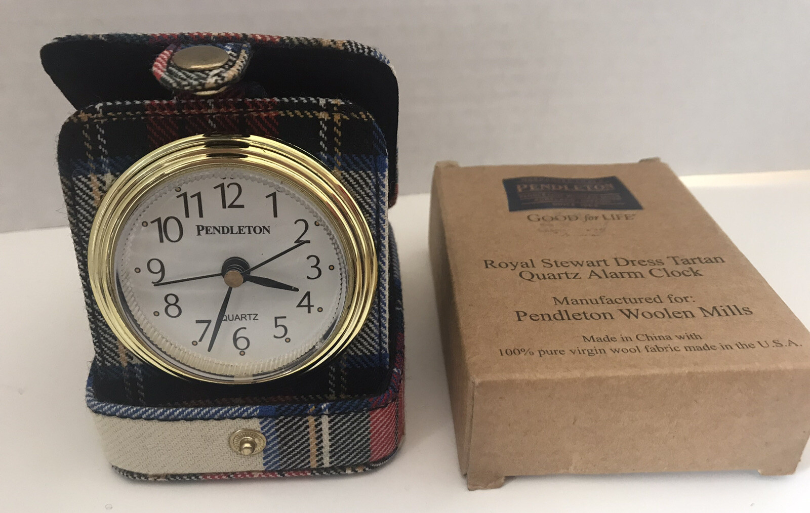 Pendleton Woolen Mills Travel Clock 100% Wool Royal Stewart Case 3”x4”x1”