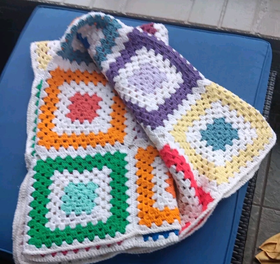 Granny Square Crochet Afghan Throw Blanket White Multi Color 62×50&Prime; Handmade Vtg