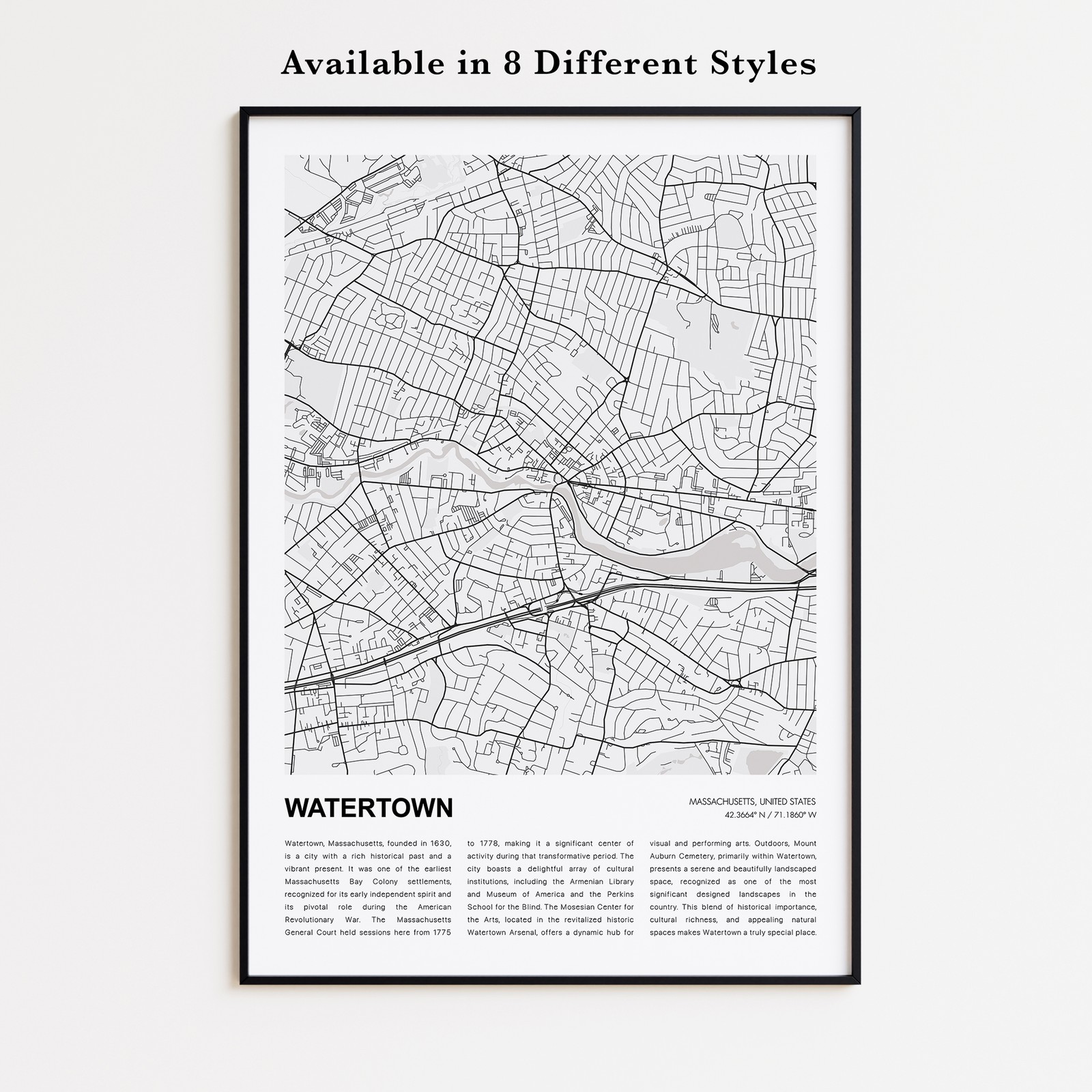 Watertown Map Print, Massachusetts Travel Poster, Modern Map, Wall Decor Art