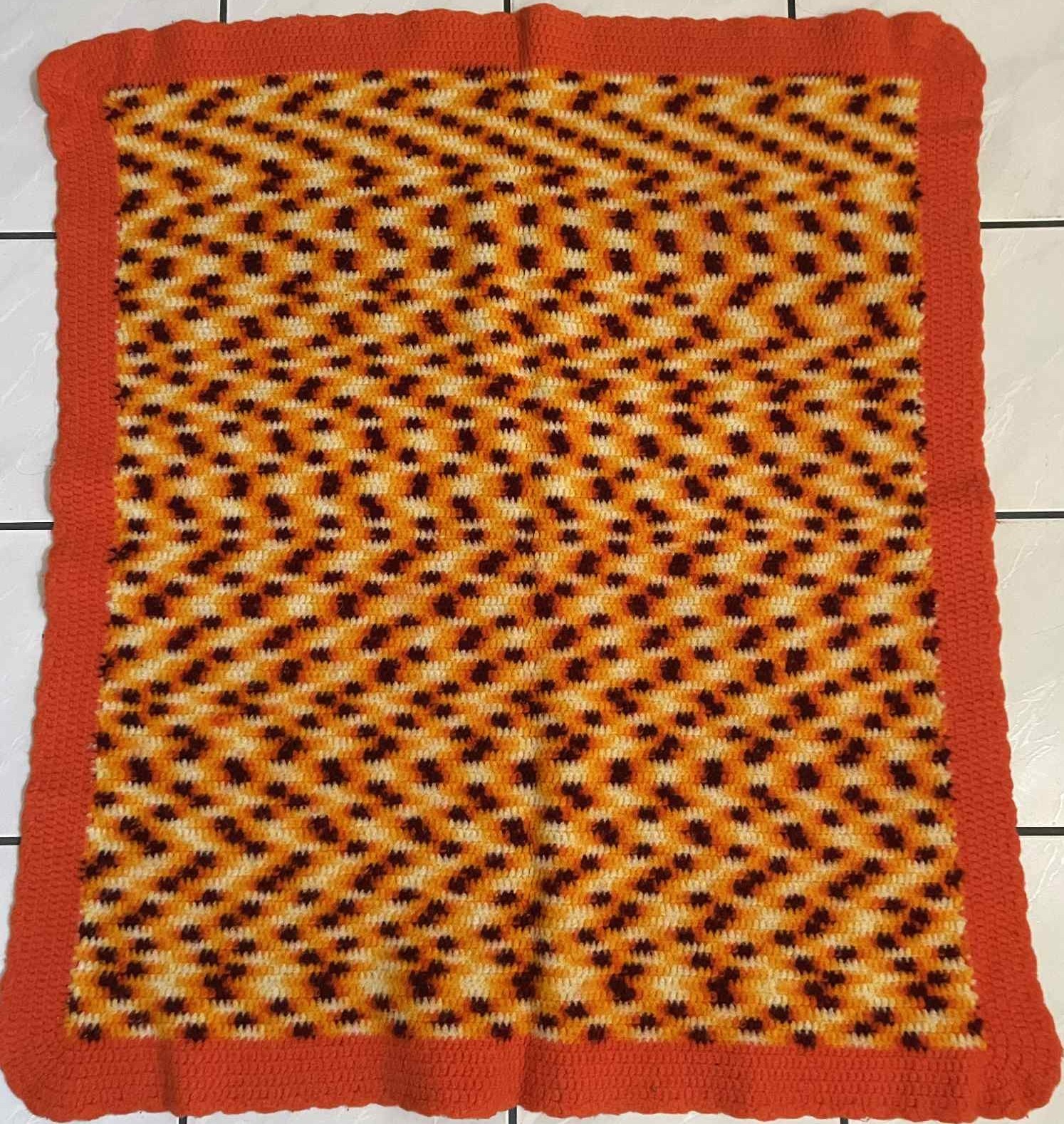 Crocheted Throw Afghan Blanket In Yellow Brown White Orange 37W43L