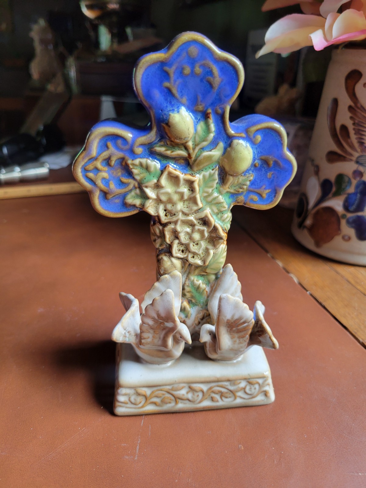 Ceramic Glazed Religious Inspirational Cross, Doves & Flowers Decor