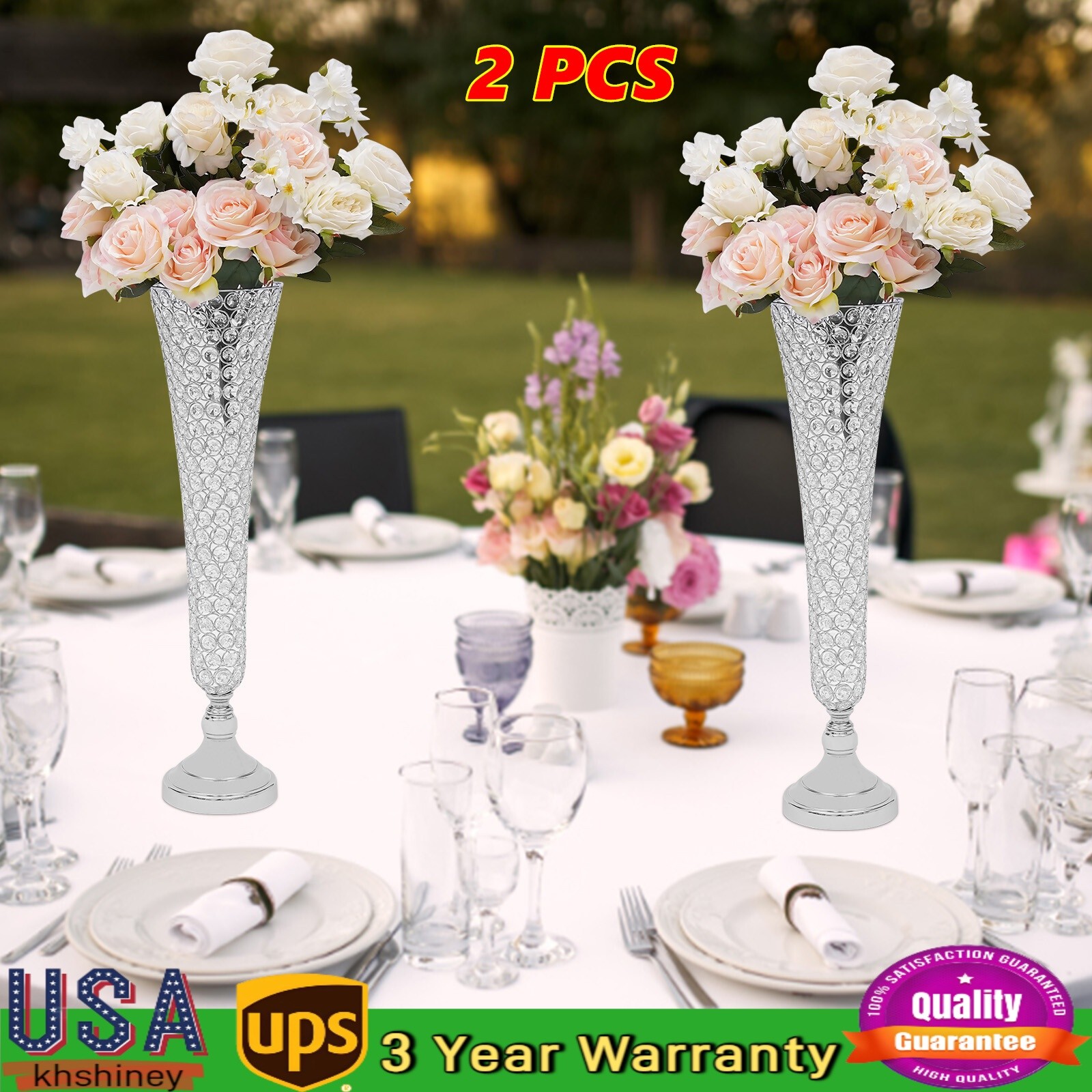 2 pcs Silver Wedding Table Crystal Flower Stand For Anniversary Ceremony Party