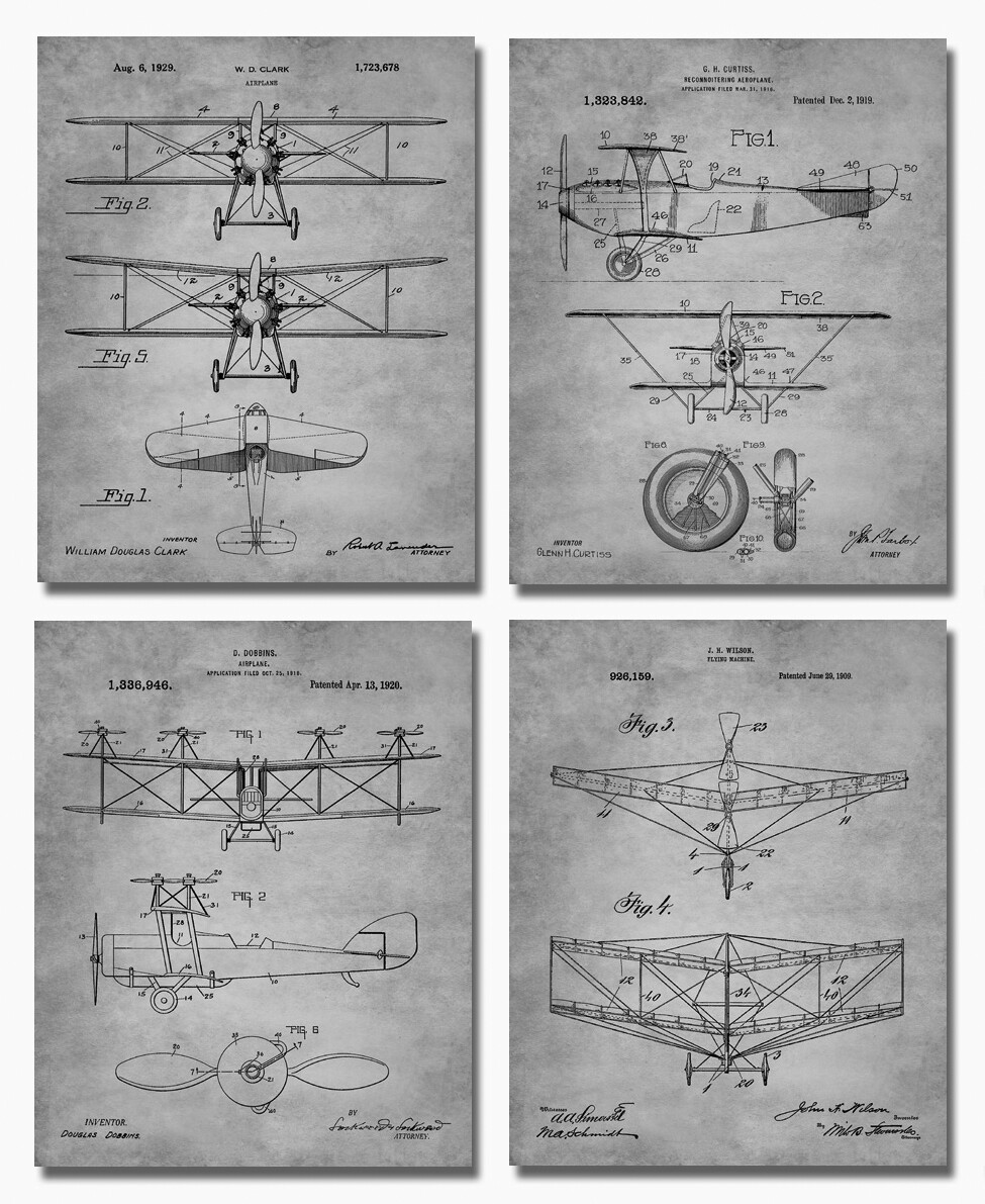 Biplanes Patent Art Prints -FOUR 8×10- Aviation Gifts Bi Plane Airplane Decor