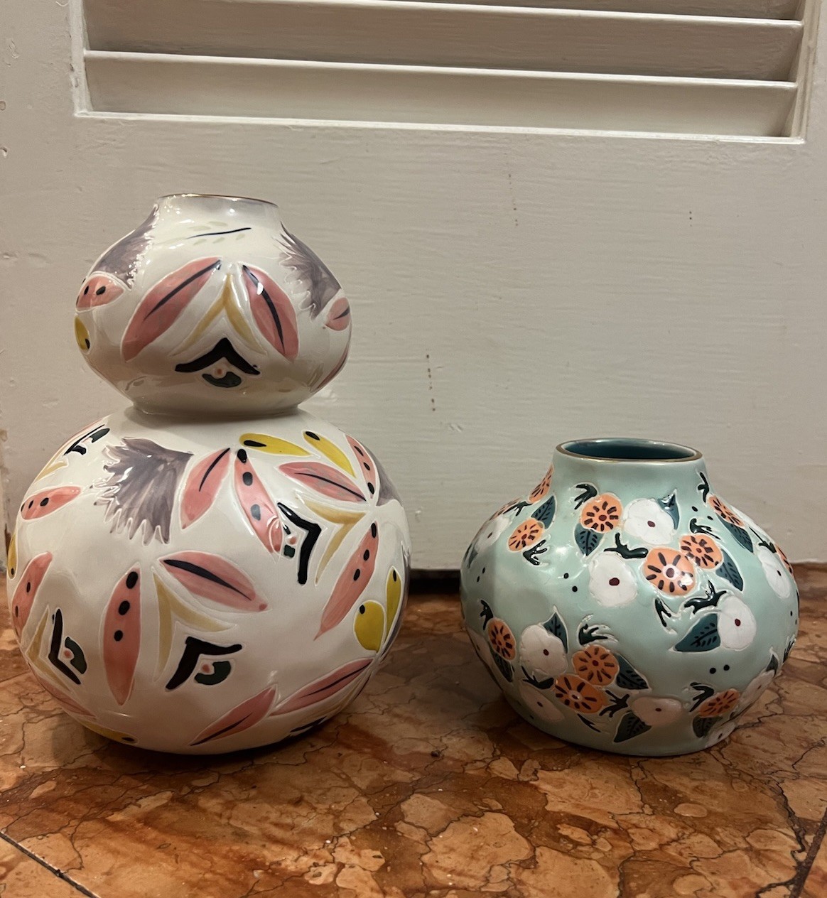 2 Anthropologie Mathilde Vases Stoneware Floral 4.5” and 8”