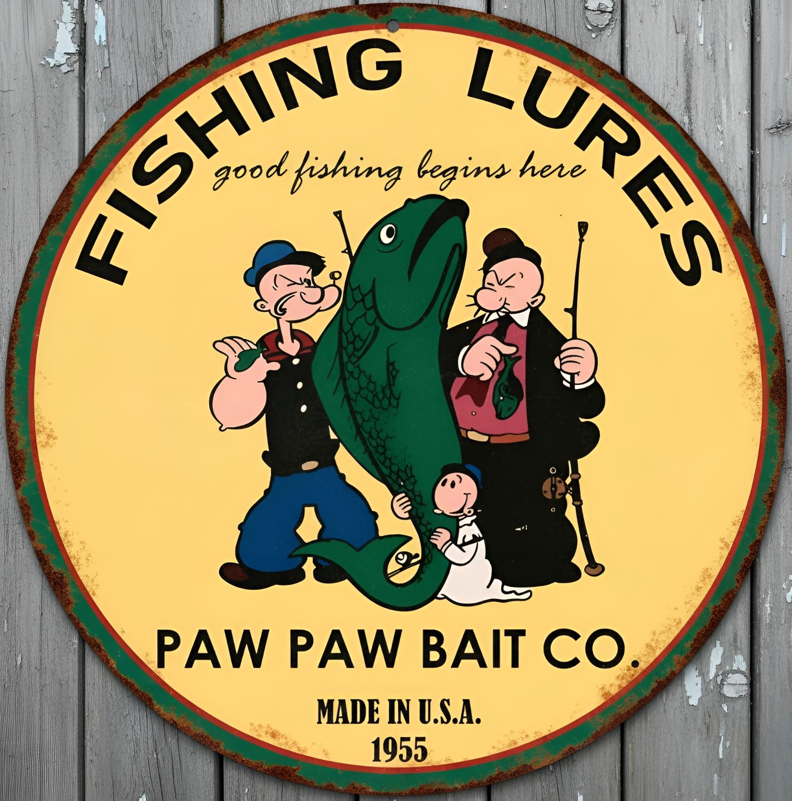Paw Paw Bait Co. Fishing Lures 8&Prime; Diameter Vintage Novelty Metal Sign USA Made