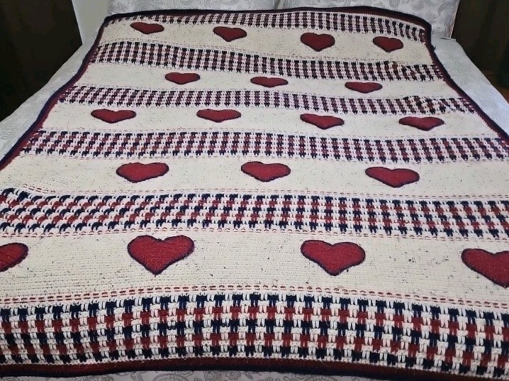 Afghan Handmade Crocheted Red White & Blue Approx 63&Prime; X 80&Prime; Read Description.