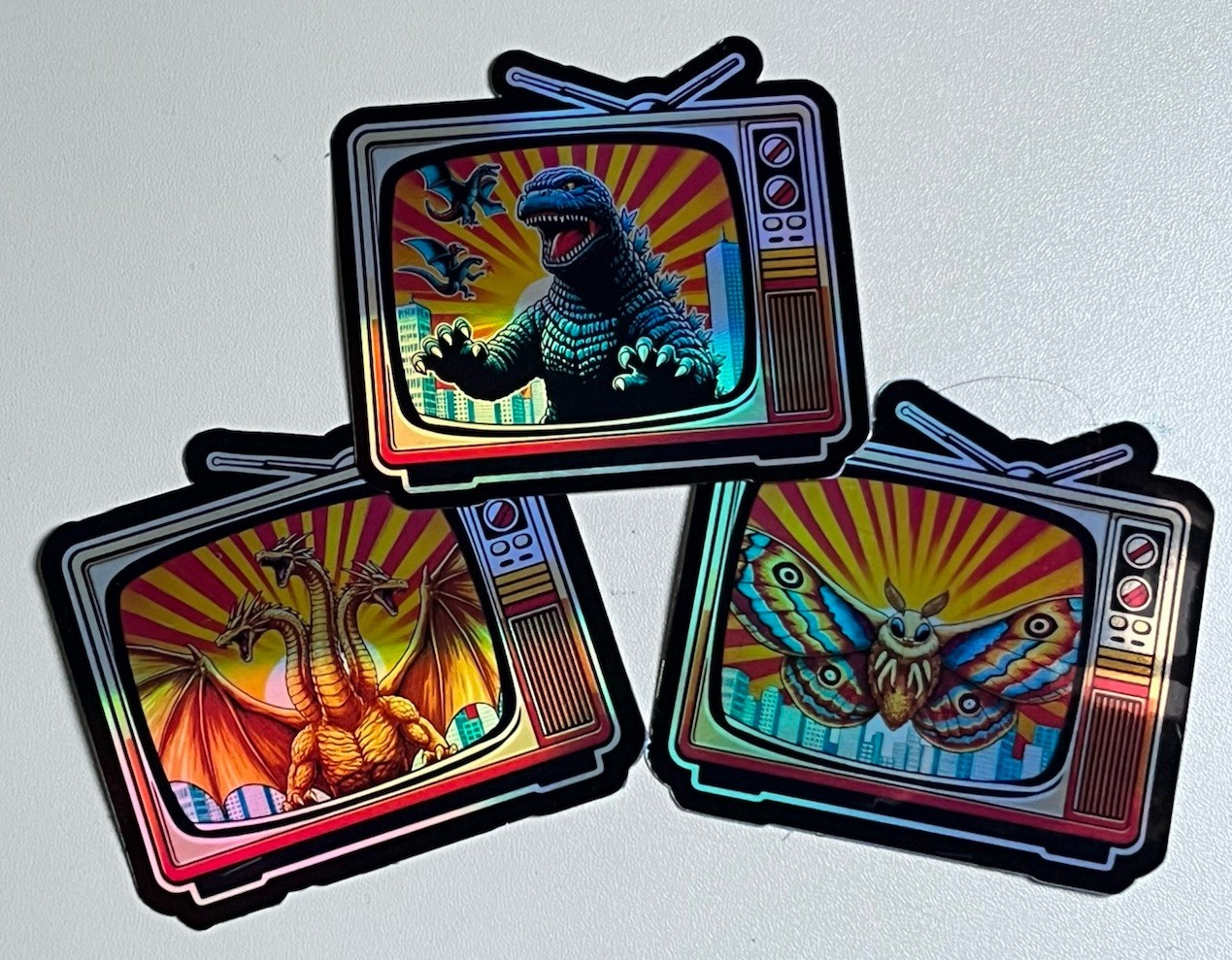 Godzilla Retro Tv Set Holographic Vinyl 3 Inch Sticker Pack Of 3