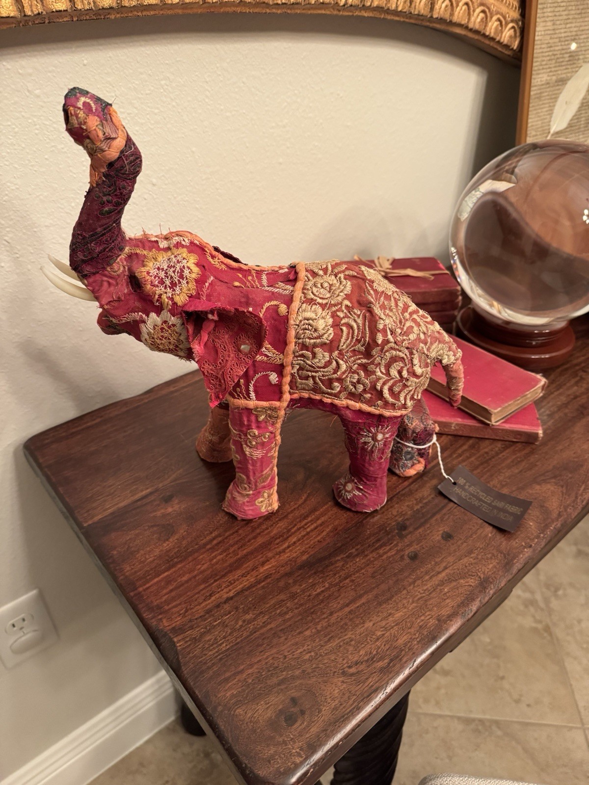 13” Red Vintage Sari Fabric Covered Paper Mache Elephant Sculpture Figurine NEW