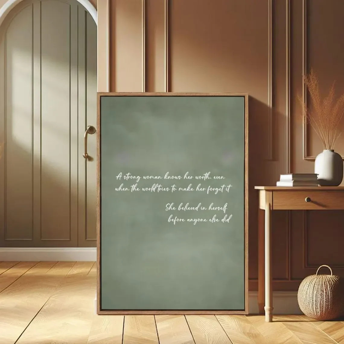 Strong Woman Quote Canvas Wall Art Sage Green Inspirational Minimalist Decor
