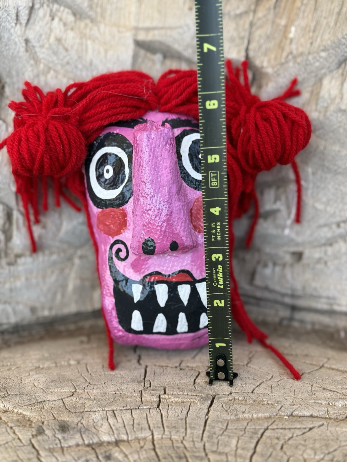 Handmade Paper Mache Pink Mess Red Hair Wall Mask