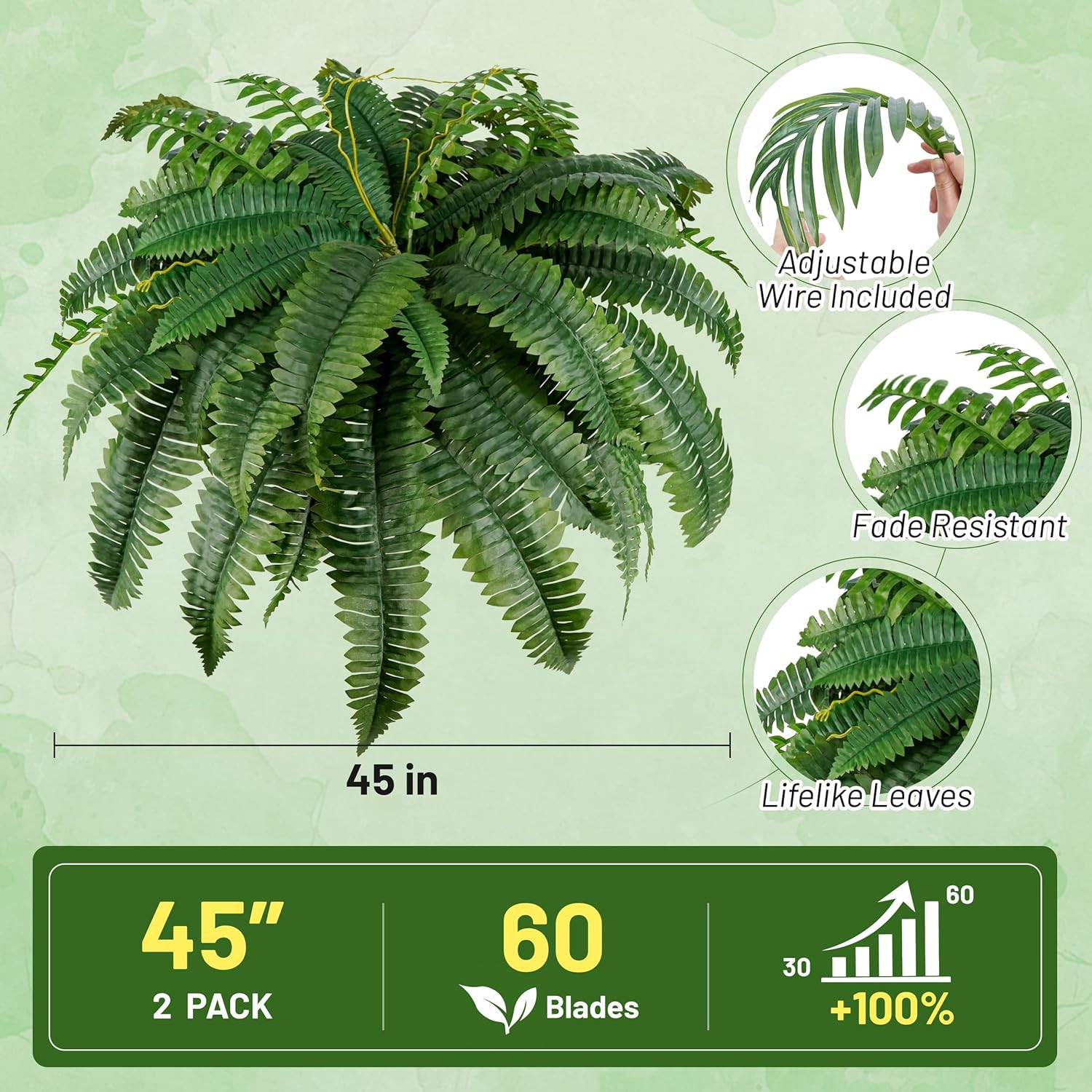 2 Pack 45&Prime;/60 Leaves Large Fake Ferns, UV Resistant Outdoor Artificial Plants Fa