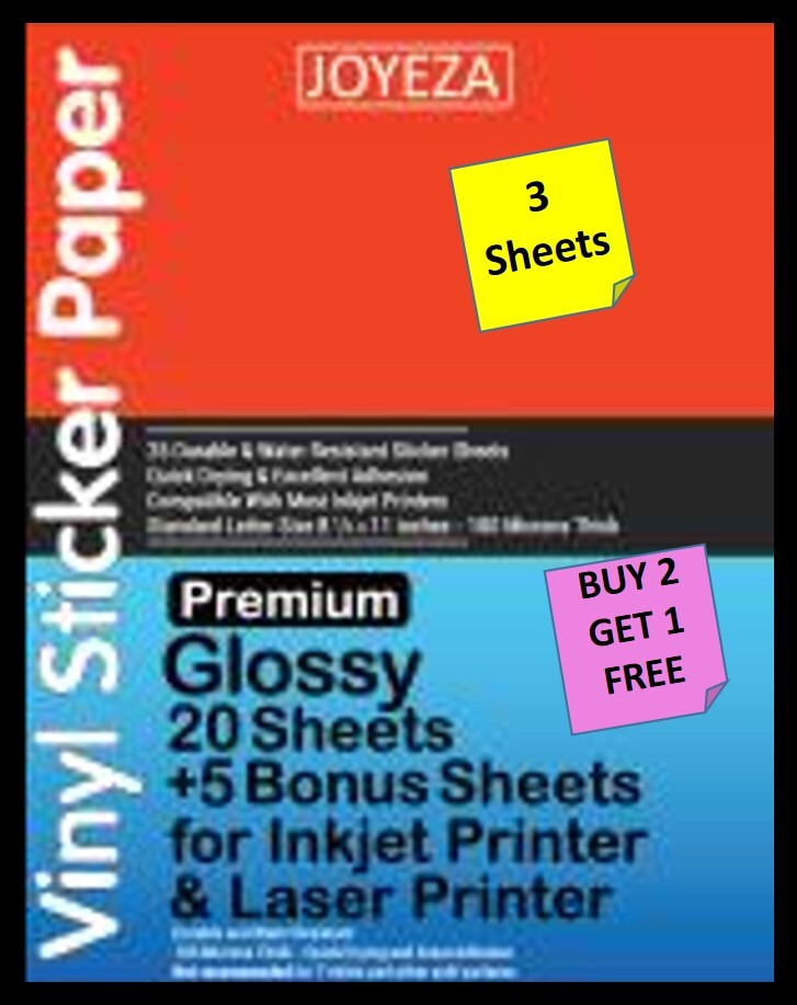 [3 Sheets] JOYEZA Glossy Vinyl Sticker Paper 8 1/2&Prime; X 11&Prime; INKJET/LASER B2G1
