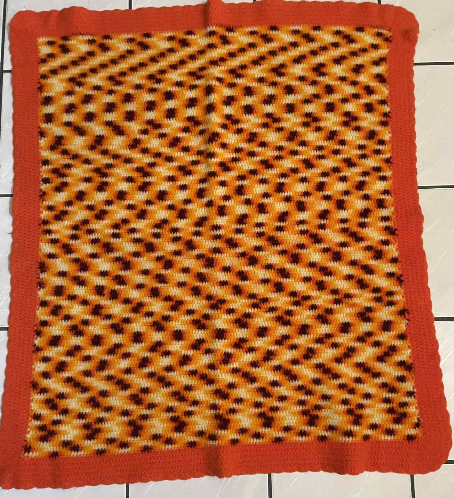 Crocheted Throw Afghan Blanket In Yellow Brown White Orange 37W43L