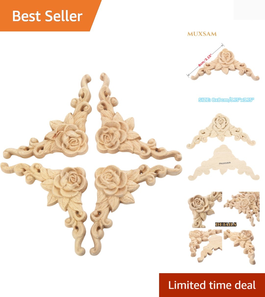 4Pcs Wood Appliques & Onlays for Furniture, 3.15&Prime; x 3.15&Prime;8x8cm, Handmade Carv…