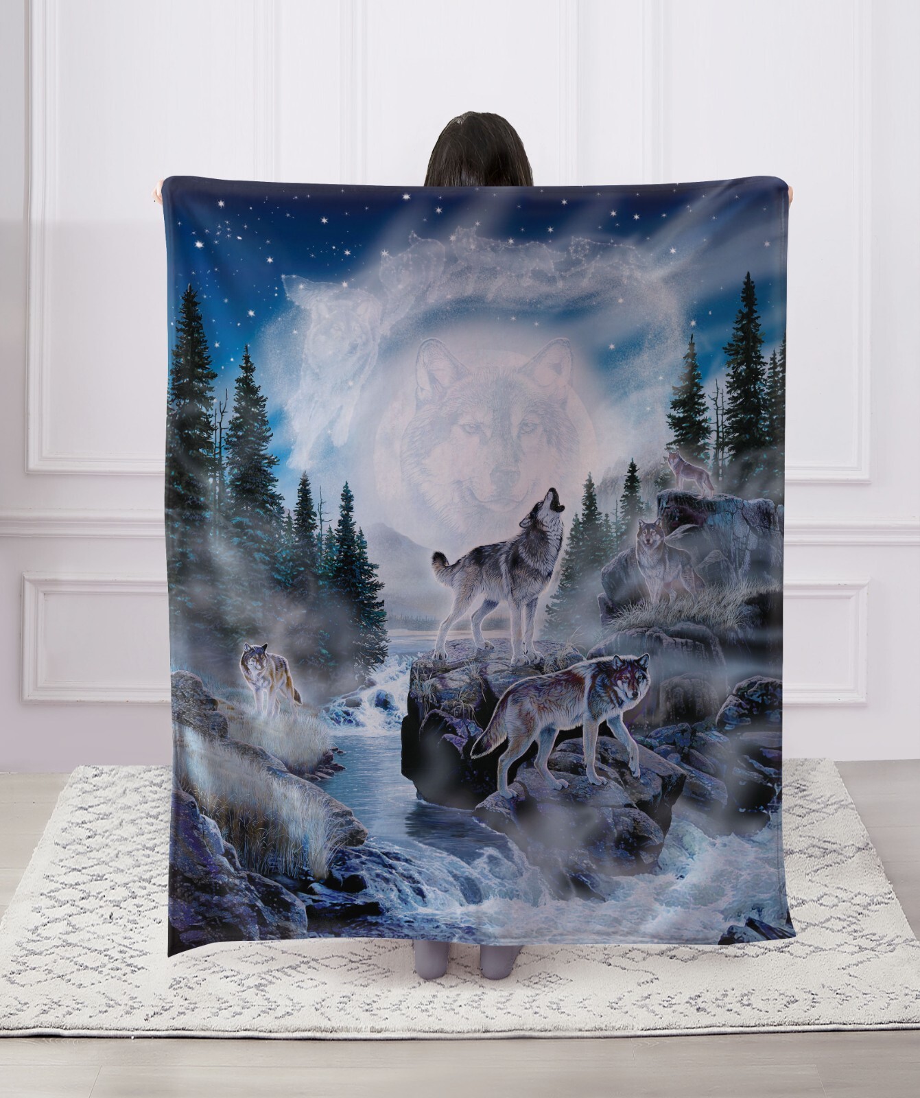 Regal Comfort – Moon Wolf – Faux Fur Printed Throw Blanket 50&Prime;x60&Prime;